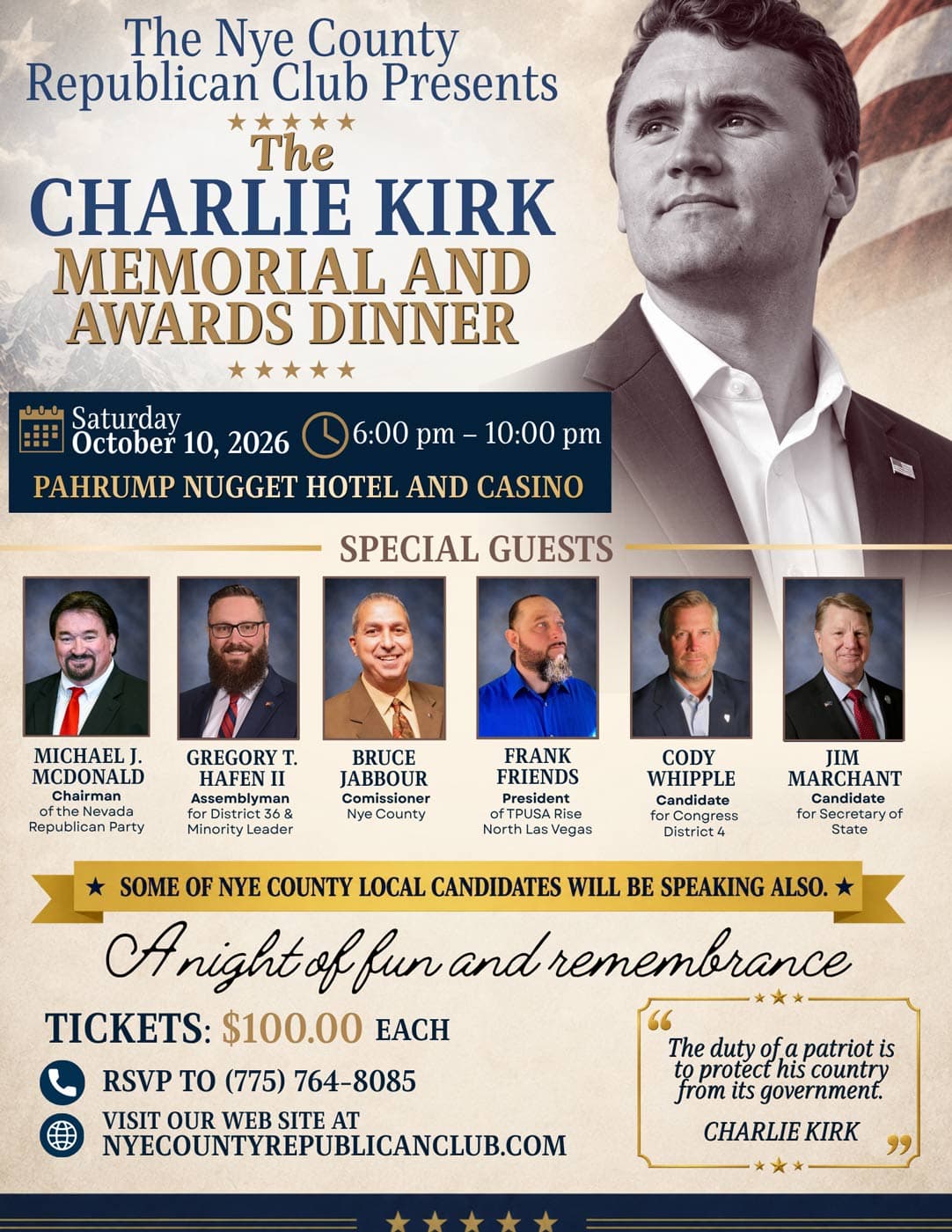 Event flyer: The Charlie Kirk Memorial and Awards Dinner